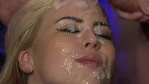  Bukkake with 18 guys facial cute american blonde
