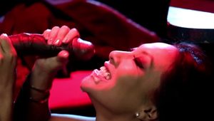  Asian woman opens up her mouth for a large black cock